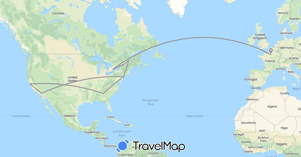 TravelMap itinerary: plane in Canada, France, United States (Europe, North America)